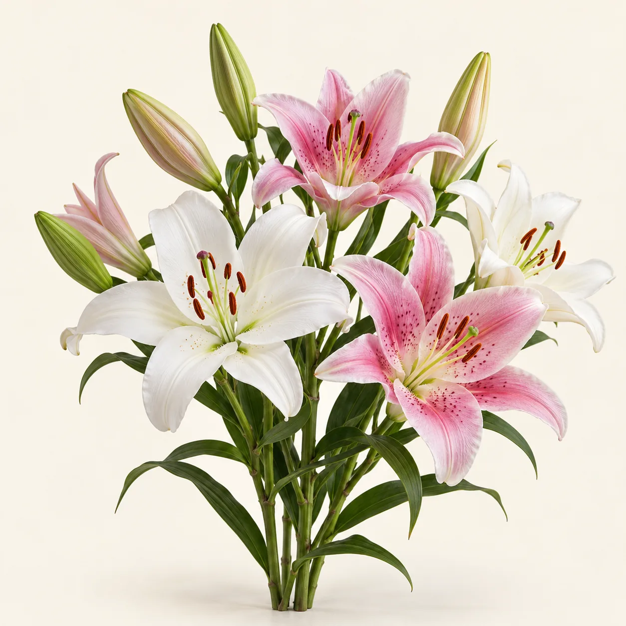 Illustrative fresh cut white and pink Asiatic and Oriental lily stems