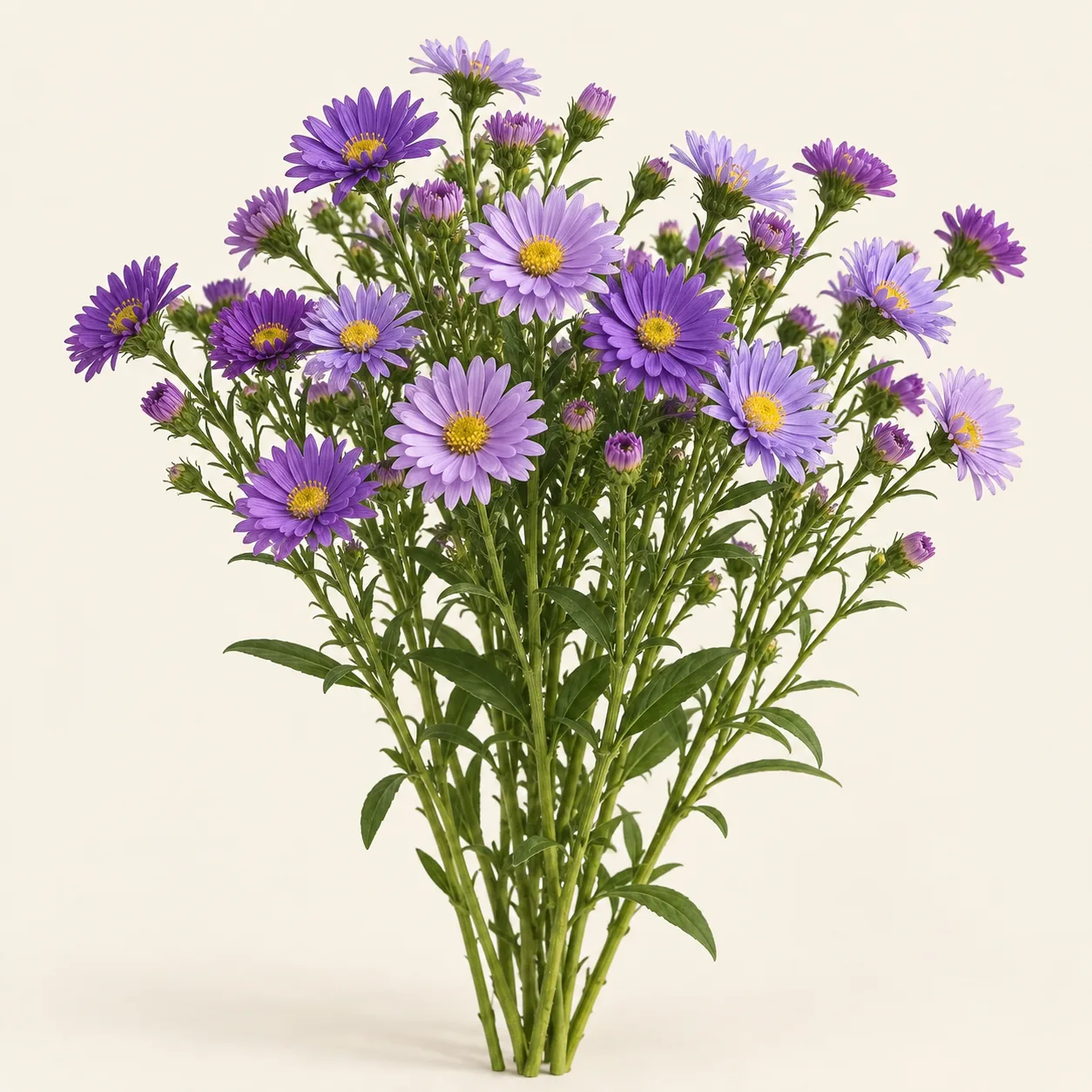 Illustrative fresh cut purple Aster flower stems