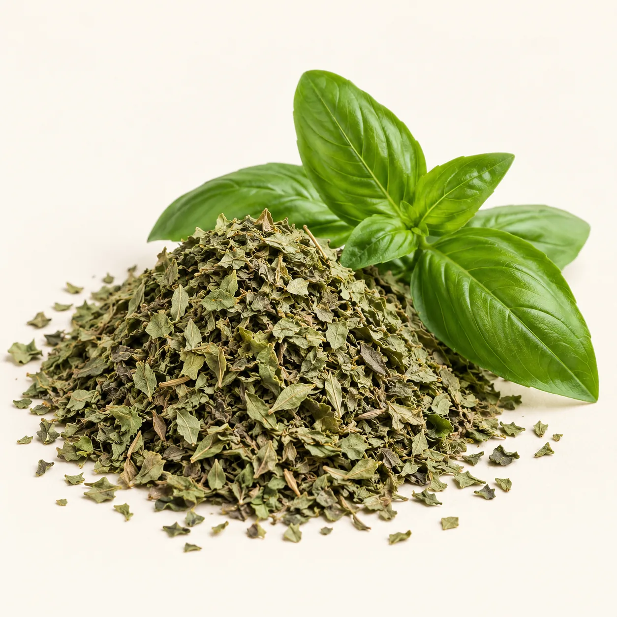 Illustrative dried culinary Basil leaves beside a fresh sprig
