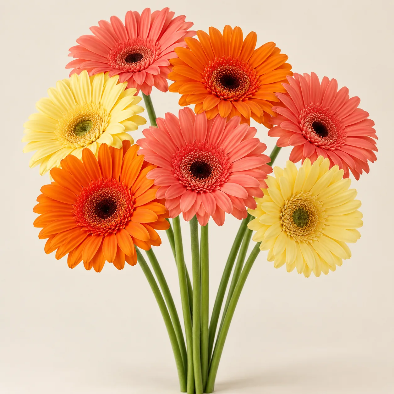 Illustrative fresh cut coral, orange and yellow Gerbera stems