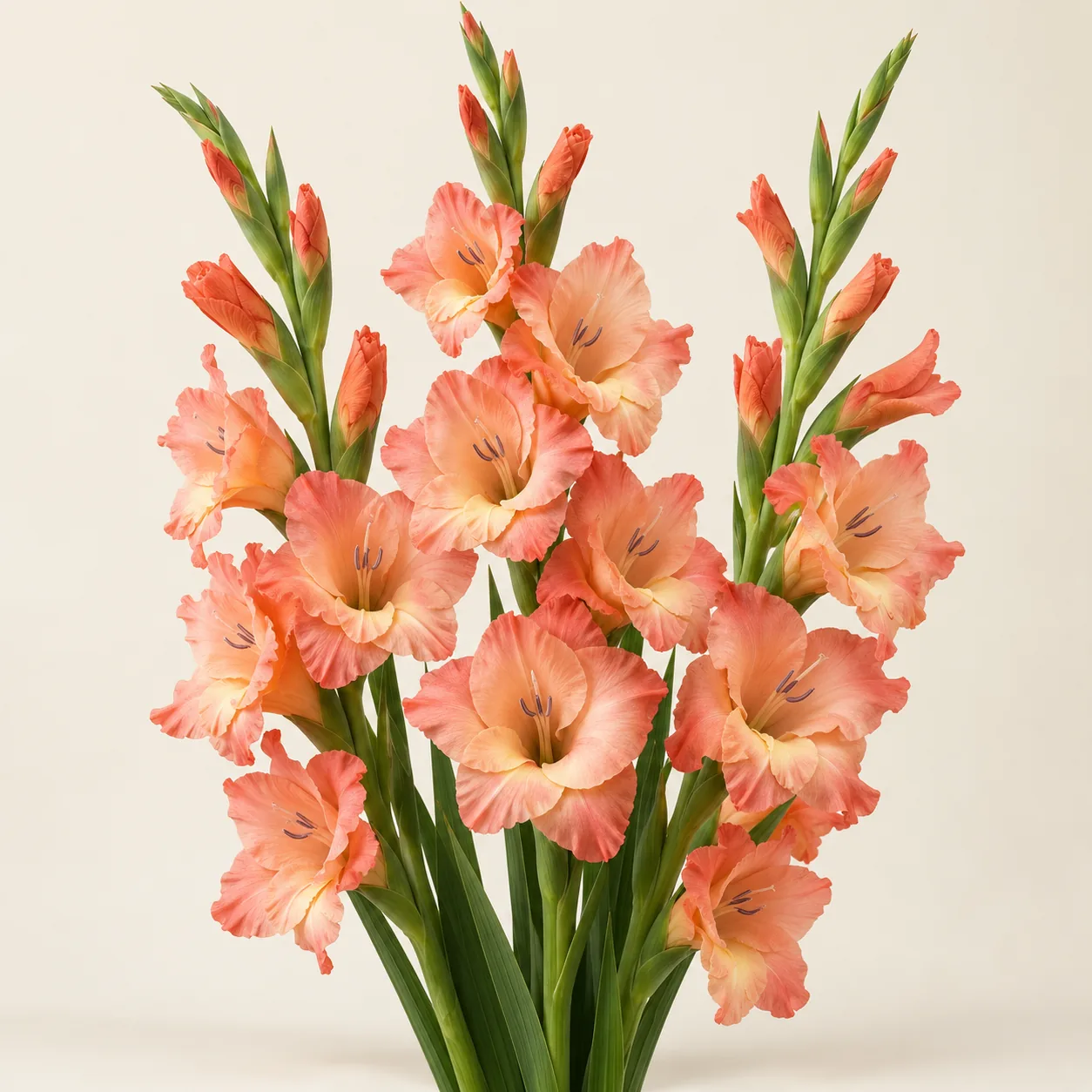 Illustrative fresh cut peach and coral Gladiolus flower spikes
