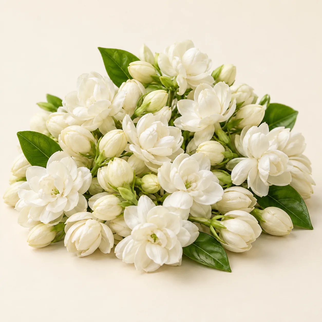 Illustrative loose white Jasmine Mogra blossoms and buds