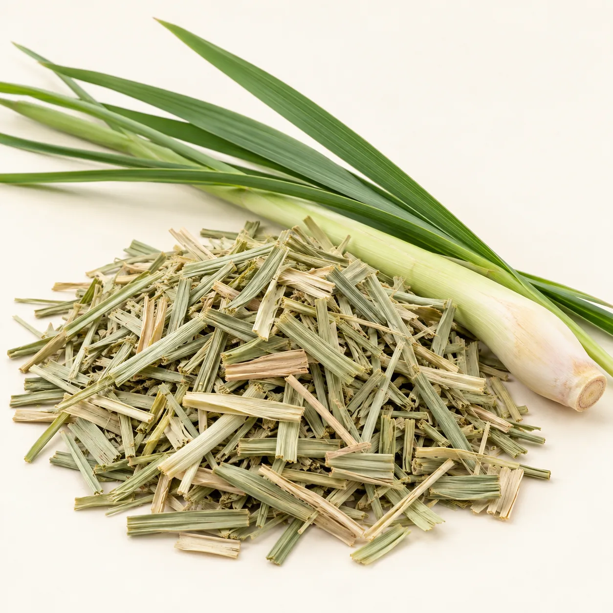 Illustrative tea-cut dried Lemongrass beside a fresh stalk