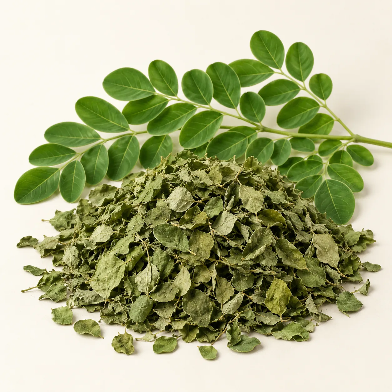 Illustrative dried Moringa leaves beside a fresh leaf sprig