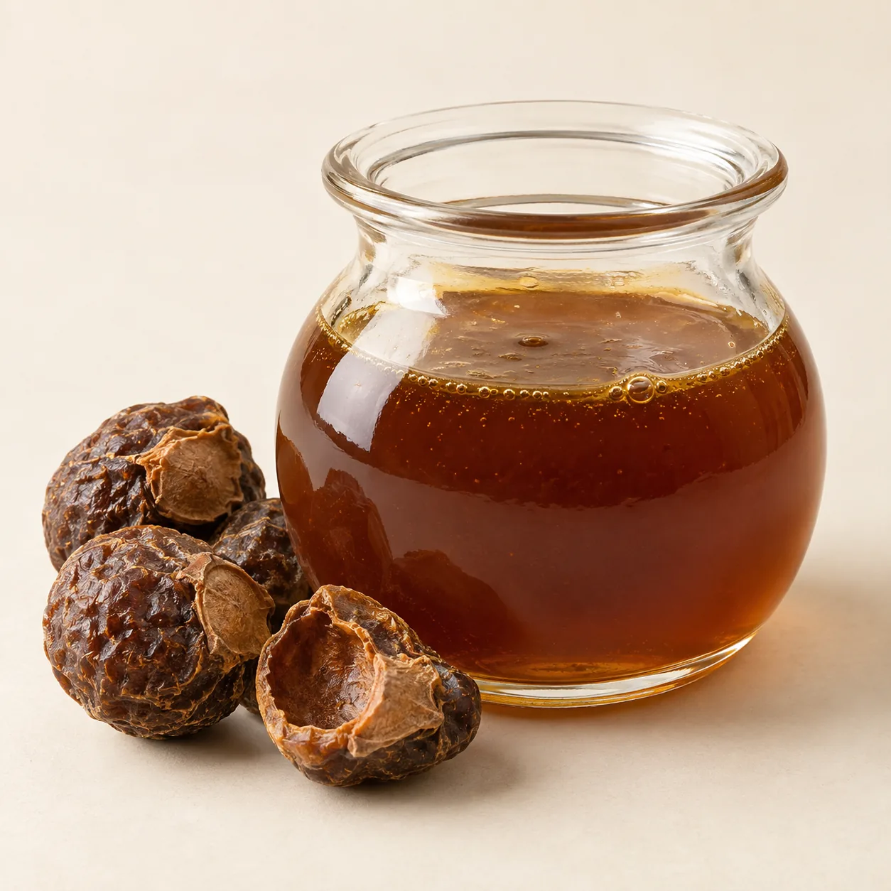 Illustrative amber Reetha soapnut extract beside dried fruit