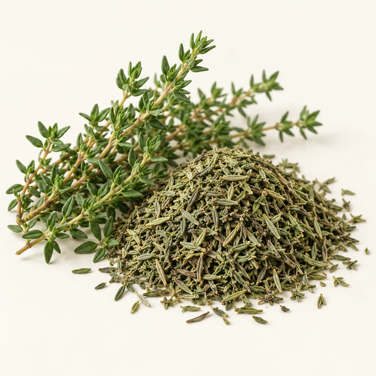 Illustrative dried Thyme leaves beside fresh sprigs