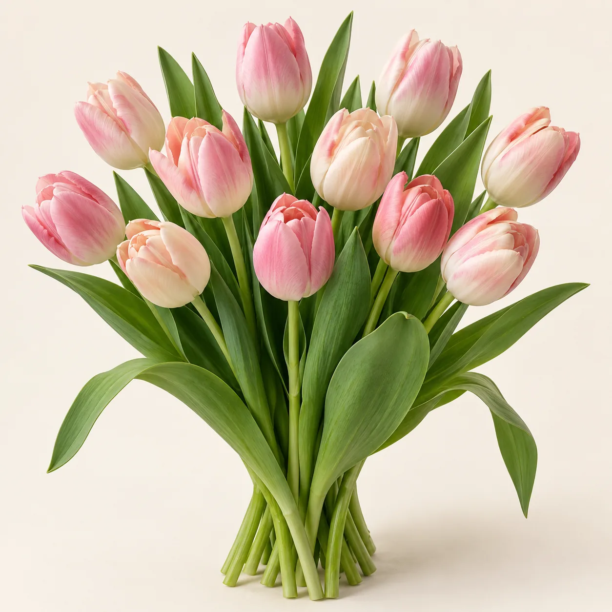 Illustrative fresh cut pink and cream Tulip stems